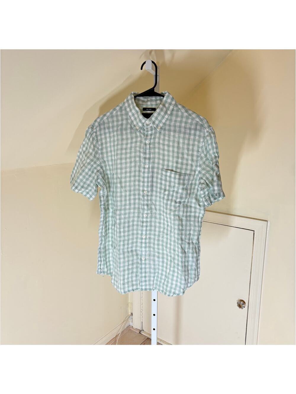 Daniel Hechter NWT Mens Green Gingham Linen Plaid Button Up Short Sleeve Shirt M